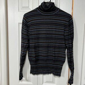 Eddie Bauer Wm L Cotton Wool Blend Navy Brown Stripped Turtle Neck Sweater